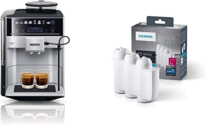 Siemens Kaffeevollautomat EQ.6 plus s300 TE653501DE, für viele Kaffeespezialitäten,Milch-Aufschäumdüse,Keramikmahlwerk,Doppeltassenfunktion, Antikalk, automatische Dampfreinigung, 1500 W, Silber, Grau