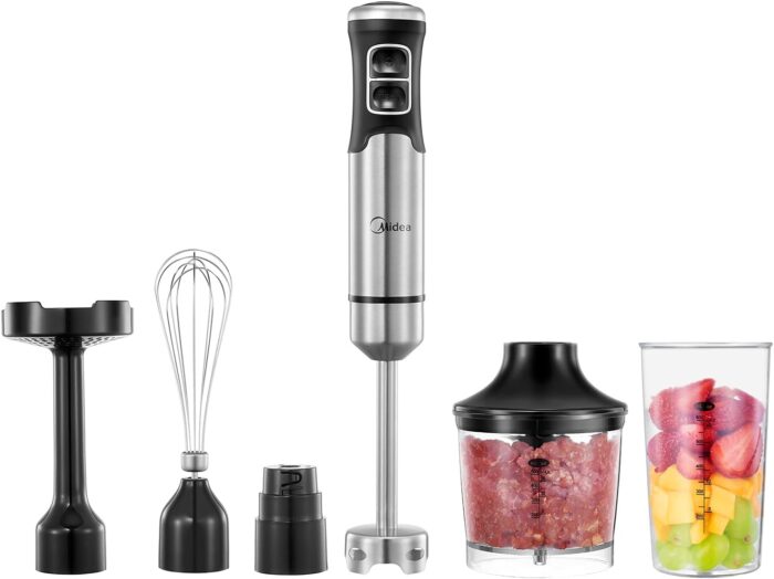 Midea Stabmixer Edelstahl 4 in 1,1000 W Elektrische Pürierstab,500ml Zerkleinerer, 600ml Becher, stampfer,Schneebesen,für Babynahrung,Kartoffelpüree, Joghurt und Gemüse, Silber