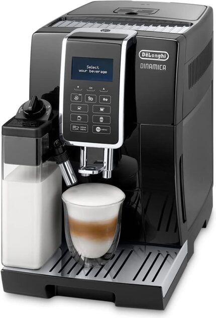 De'Longhi Dinamica ECAM 350.55.B Kaffeevollautomat mit LatteCrema Milchsystem, Cappuccino, Espresso und Kaffee auf Knopfdruck, Digitaldisplay, 2-Tassen-Funktion, Großer 1,8 Liter Wassertank, Schwarz