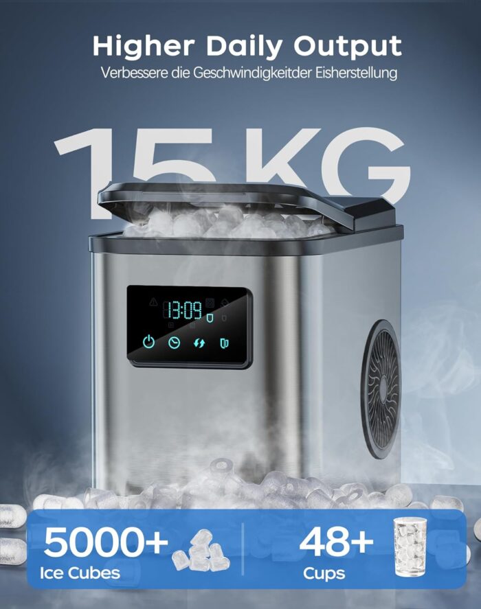 KeeGone Edelstahl Eiswürfelmaschine mit LED-Display,Eismaschine Eiswürfelbereiter und Reinigungsfunktion,2L Wassertank,inklusive Eisschaufel und Korb,2 Eiswürfel Größen für Küche, Büro, Bar und Party - Image 3