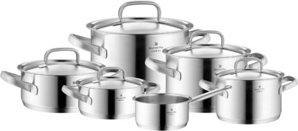 WMF Gourmet Plus Topfset Induktion 5-teilig, Kochtopf Set mit Metalldeckel, Cromargan Edelstahl mattiert, Induktions Töpfe Set unbeschichtet, Innenskalierung