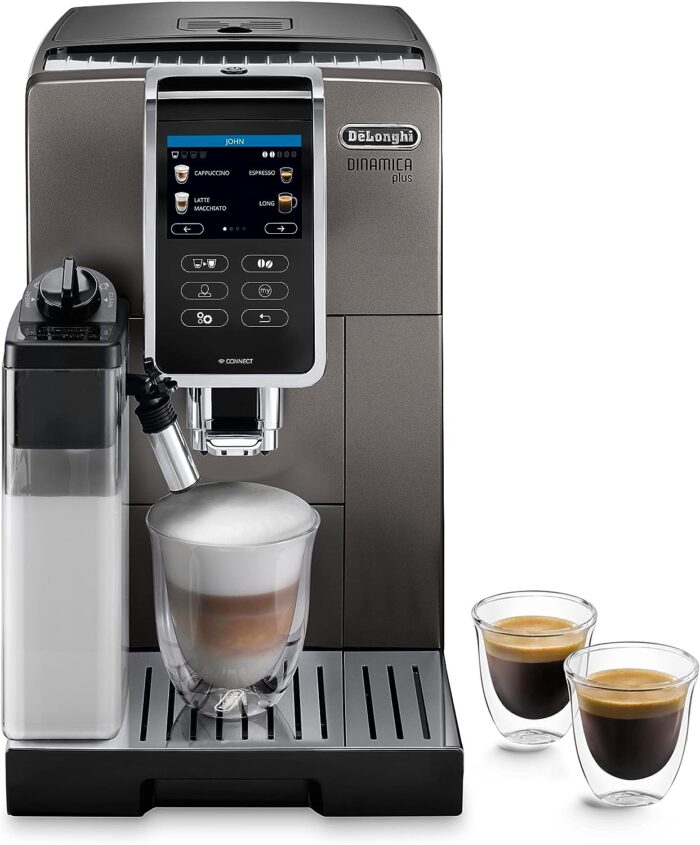 De'Longhi Dinamica Plus ECAM380.95.TB, Kaffeevollautomat mit LatteCrema Milchsystem, One-Touch-Cappuccino, mit 24 Rezepten, 3,5-Zoll TFT-Farbdisplay, 1450W, Titan/Schwarz