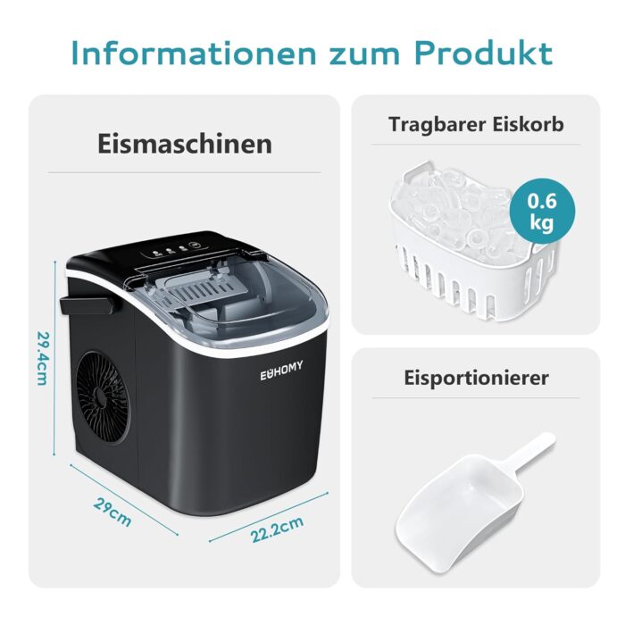 EUHOMY Eiswürfelmaschine Klein, 9 Eiswürfel in 6 Minuten, 12 kg/24H, Eiswürfelmaschine Edelstahl mit Tragbarem Griff - Image 24