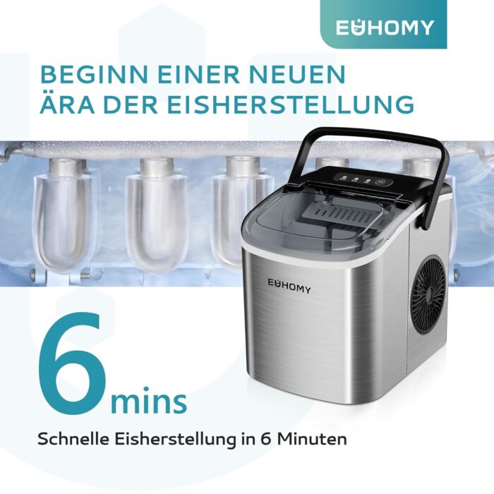 EUHOMY Eiswürfelmaschine Klein, 9 Eiswürfel in 6 Minuten, 12 kg/24H, Eiswürfelmaschine Edelstahl mit Tragbarem Griff - Image 9