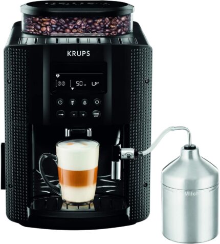 Krups Essential Kaffeevollautomat mit Milchschlauch, 2-Tassen-Funktion, LCD-Display, Einfache Reinigung, Kaffeemaschine, TÜV-Siegel, Schwarz, EA816031