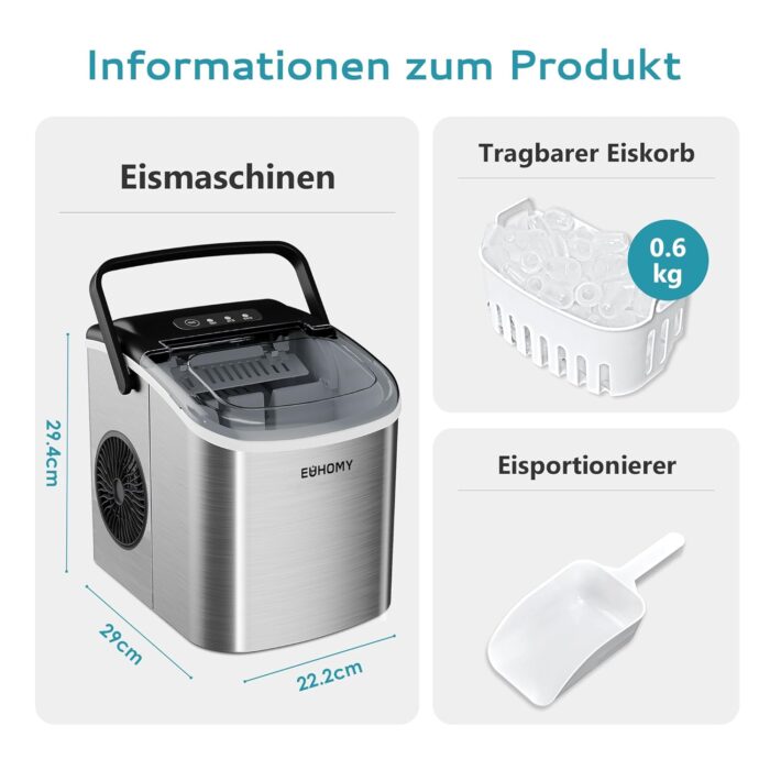 EUHOMY Eiswürfelmaschine Klein, 9 Eiswürfel in 6 Minuten, 12 kg/24H, Eiswürfelmaschine Edelstahl mit Tragbarem Griff - Image 14