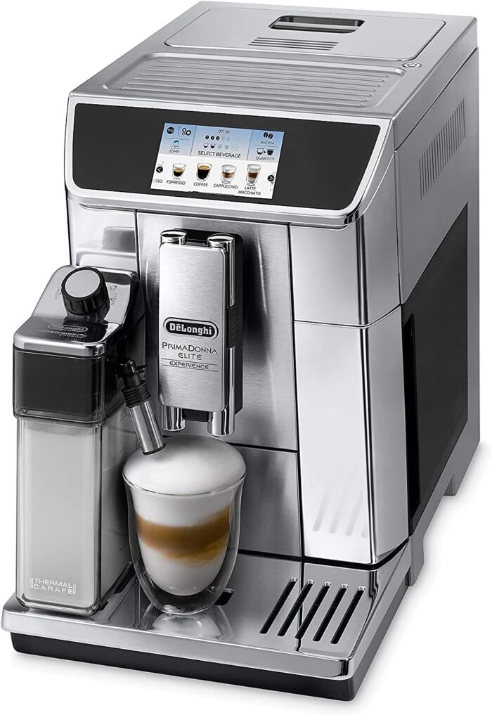 De'Longhi PrimaDonna Elite Experience ECAM 656.85.MS Kaffeevollautomat mit LatteCrema Milchsystem, Cappuccino, 4,3 Zoll Farbdisplay, App-Steuerung, Trinkschokoladenfunktion, Edelstahlfront, silber