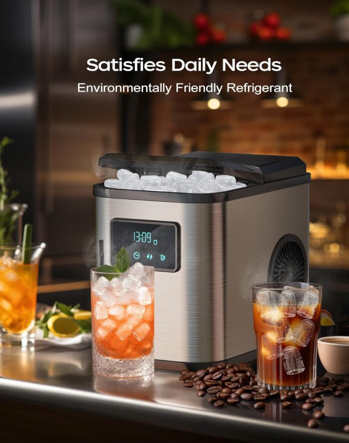 KeeGone Edelstahl Eiswürfelmaschine mit LED-Display,Eismaschine Eiswürfelbereiter und Reinigungsfunktion,2L Wassertank,inklusive Eisschaufel und Korb,2 Eiswürfel Größen für Küche, Büro, Bar und Party - Image 2