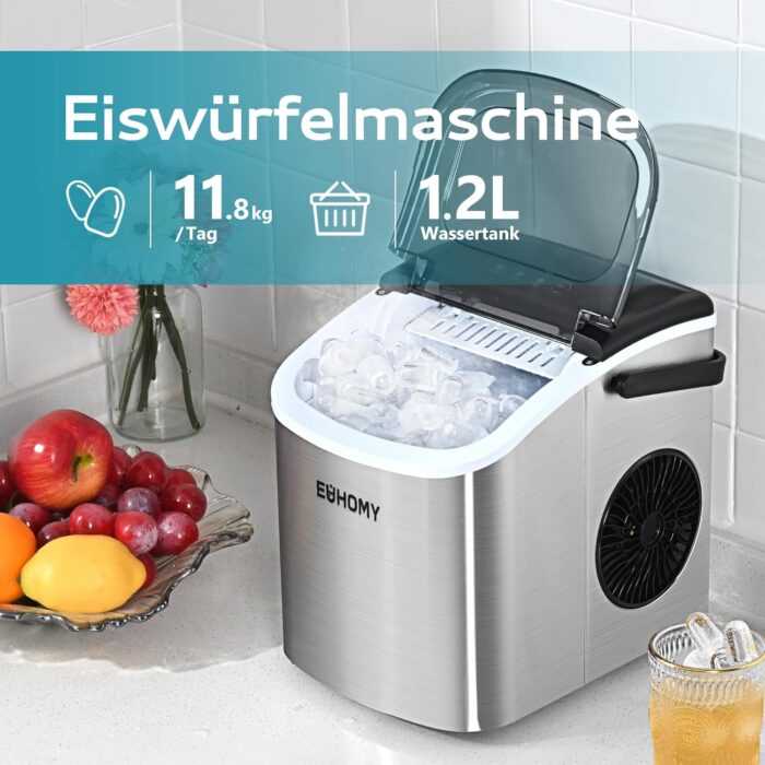 EUHOMY Eiswürfelmaschine Klein, 9 Eiswürfel in 6 Minuten, 12 kg/24H, Eiswürfelmaschine Edelstahl mit Tragbarem Griff - Image 10