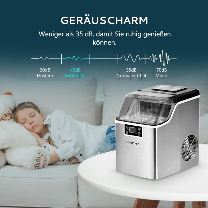 EUHOMY Eiswürfelmaschine Klein, 9 Eiswürfel in 6 Minuten, 12 kg/24H, Eiswürfelmaschine Edelstahl mit Tragbarem Griff - Image 7