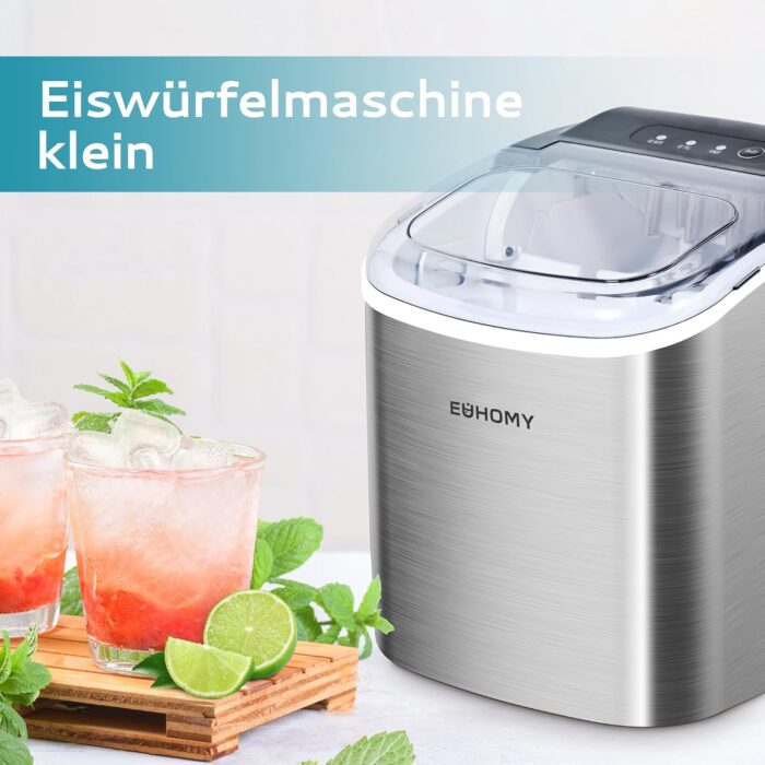 EUHOMY Eiswürfelmaschine Klein, 9 Eiswürfel in 6 Minuten, 12 kg/24H, Eiswürfelmaschine Edelstahl mit Tragbarem Griff - Image 16