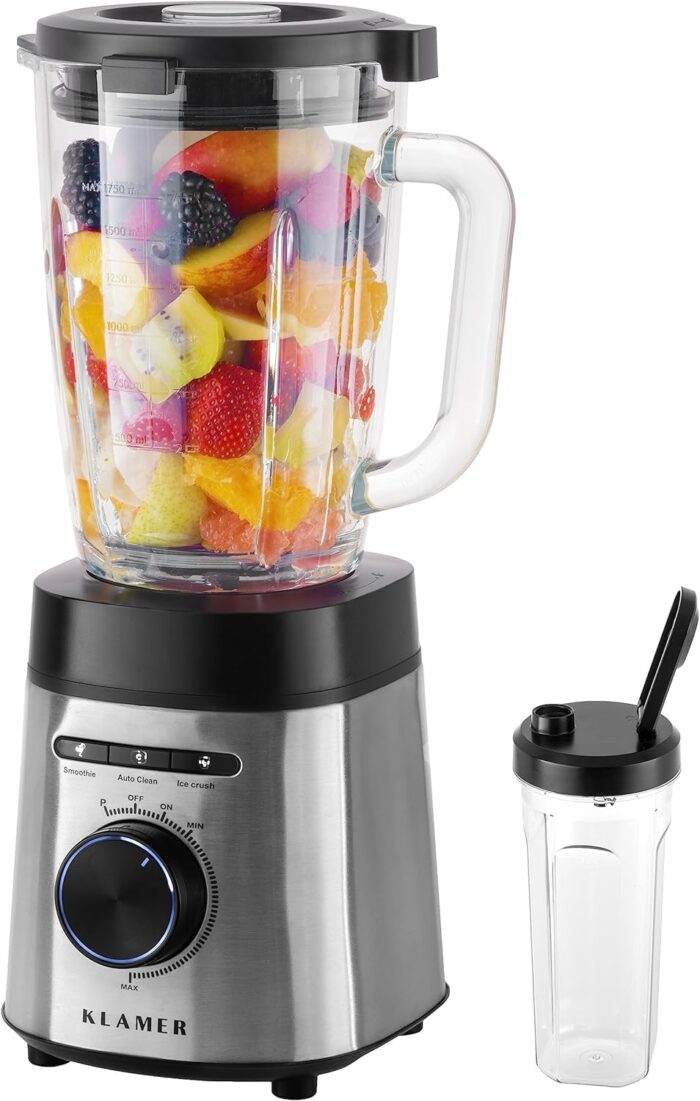 KLAMER Standmixer, 1,75 L Glasbehälter, Elektrischer Mixer mit 1400 Watt, Smoothie Maker mit 22.000 U/Min