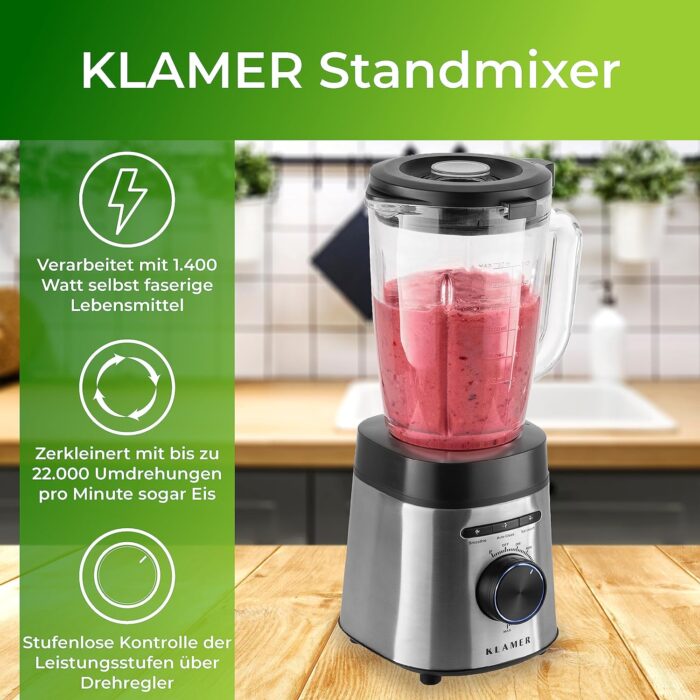 KLAMER Standmixer, 1,75 L Glasbehälter, Elektrischer Mixer mit 1400 Watt, Smoothie Maker mit 22.000 U/Min - Image 2