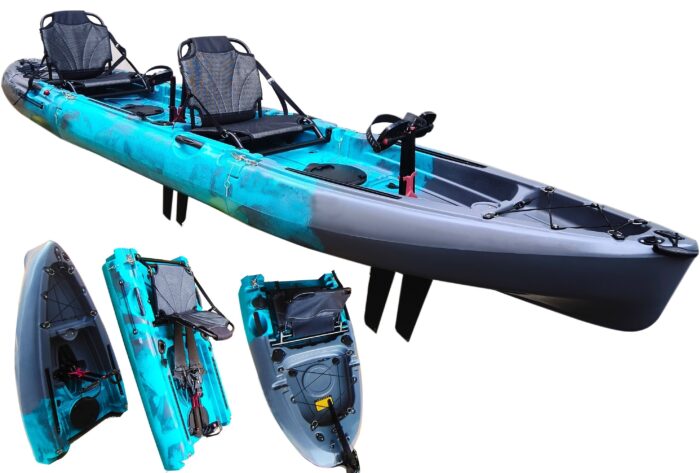 12.5ft Tandem or Solo Modular Raptor Pedal Fishing Kayak | 3 Piece Fin Drive | Super Lightweight, 520lbs Capacity | Easy to Store - Easy to Carry | No roof Racks - No Wall Racks | Adults Youths Kids